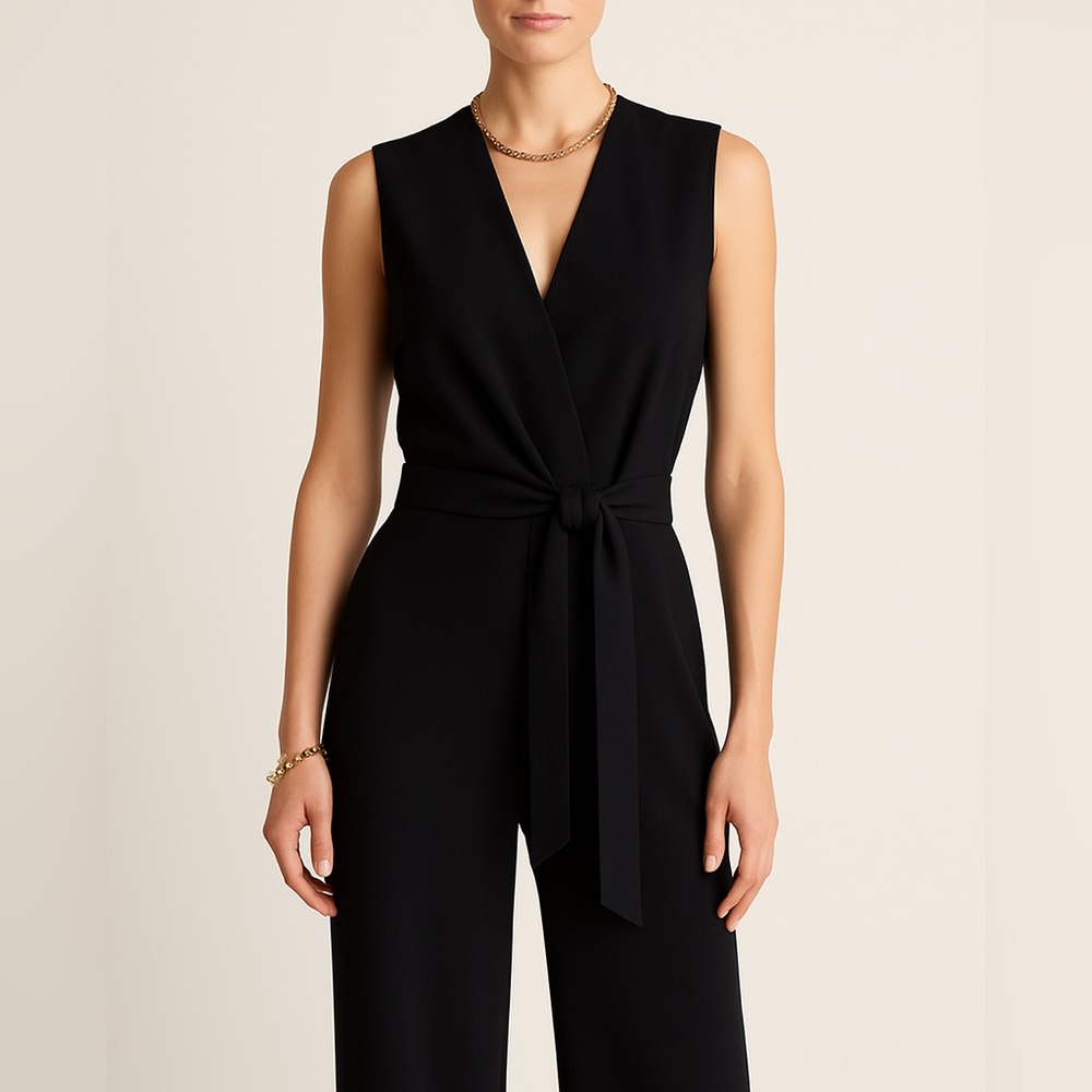 🌺 Theory Black Sleeveless V Neck Wrap Tie Pantsuit Size 2 - Picture 2 of 12